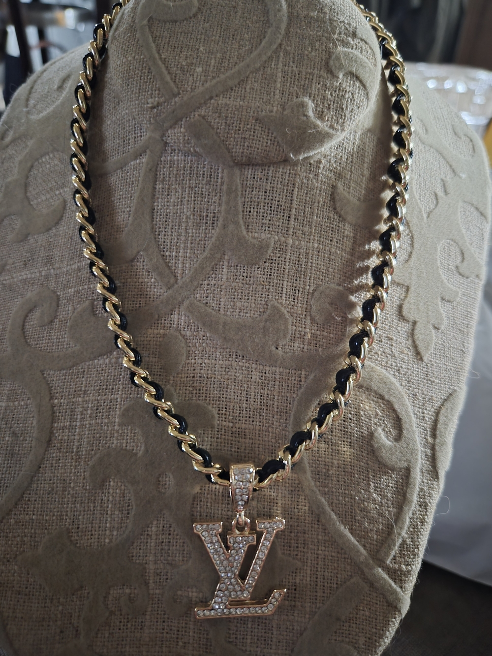 Louis Vuitton Gold and Black Braided Chain Necklace with Crystal LV Pendant